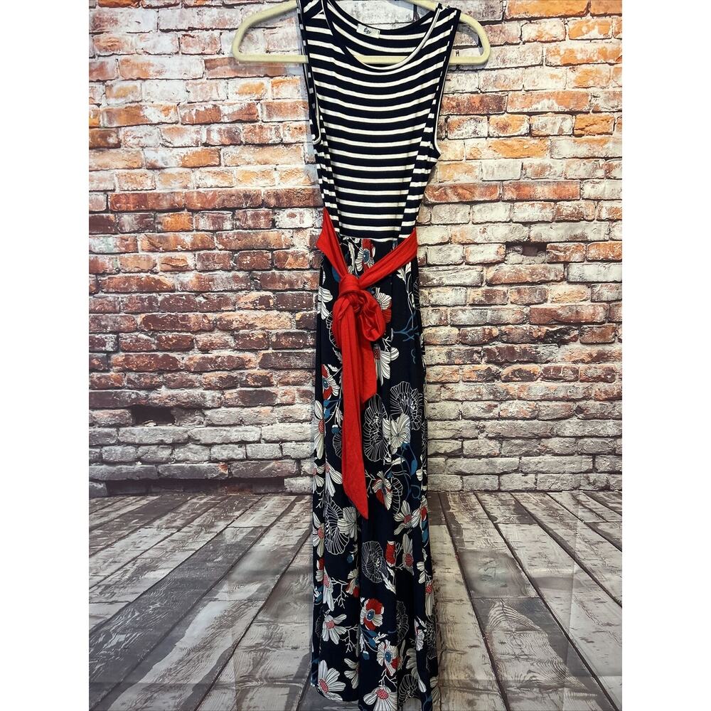 Egy Blue Red Striped Maxi Sleeveless Dress Floral Women’s Size Small
